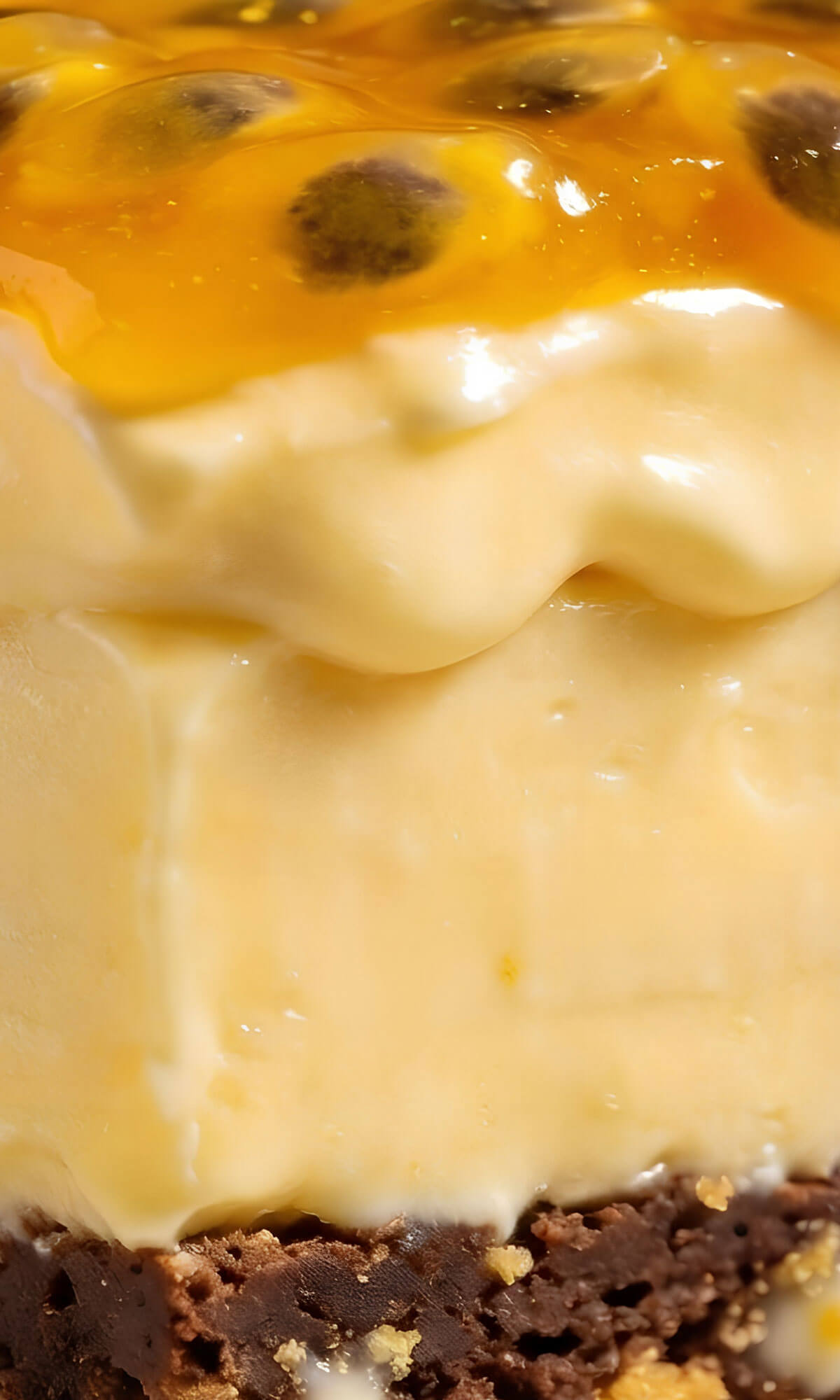 Corte transversal de Pavê de Maracujá Épacomê: camadas de creme denso, geleia de maracujá integral com sementes e base de boloito de chocolate.