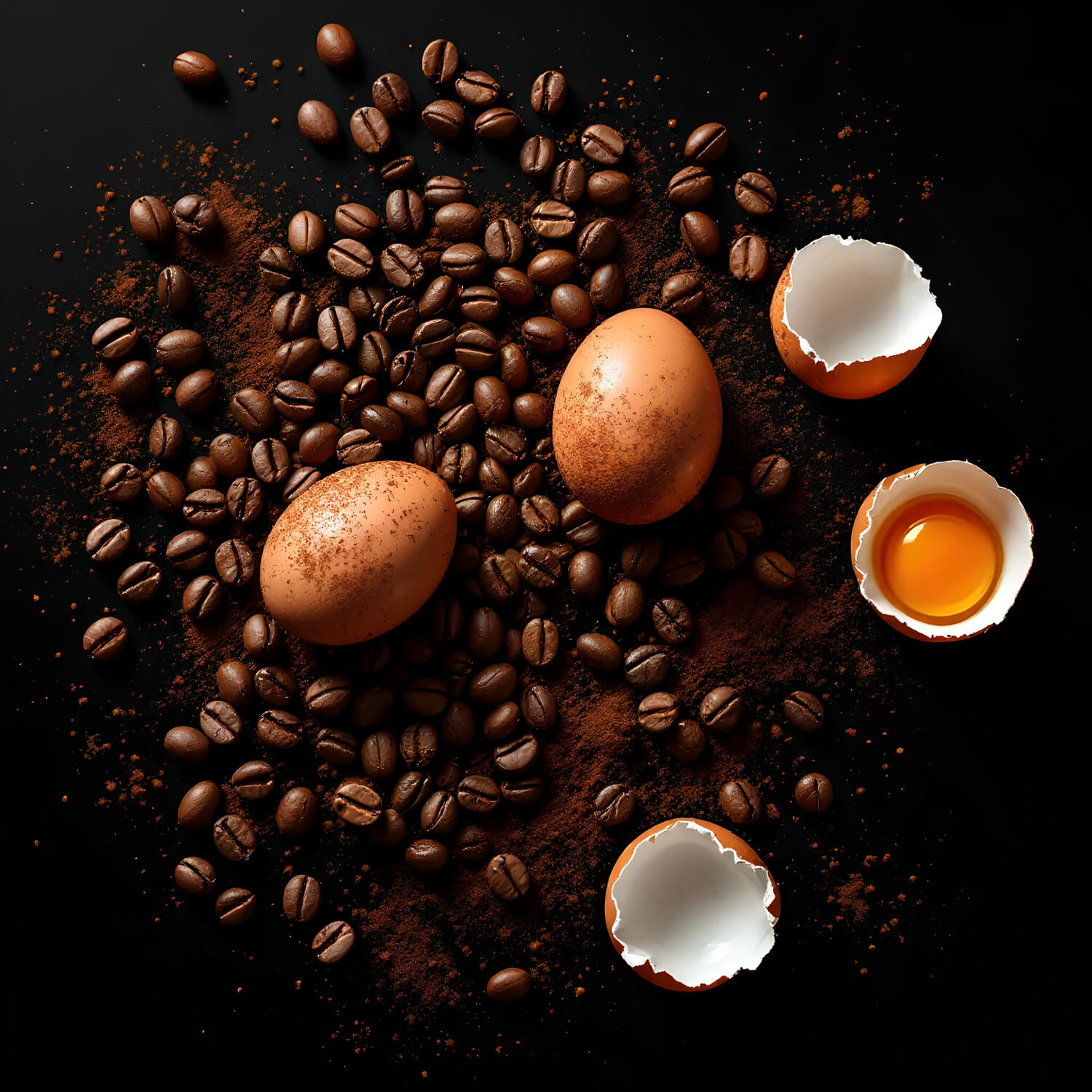 Composição artística de grãos de café torrados, cacau em pó e ovos inteiros e abertos revelando a gema, sobre fundo preto, representando os insumos base da reconstrução técnica do Tiramisù Épacomê.