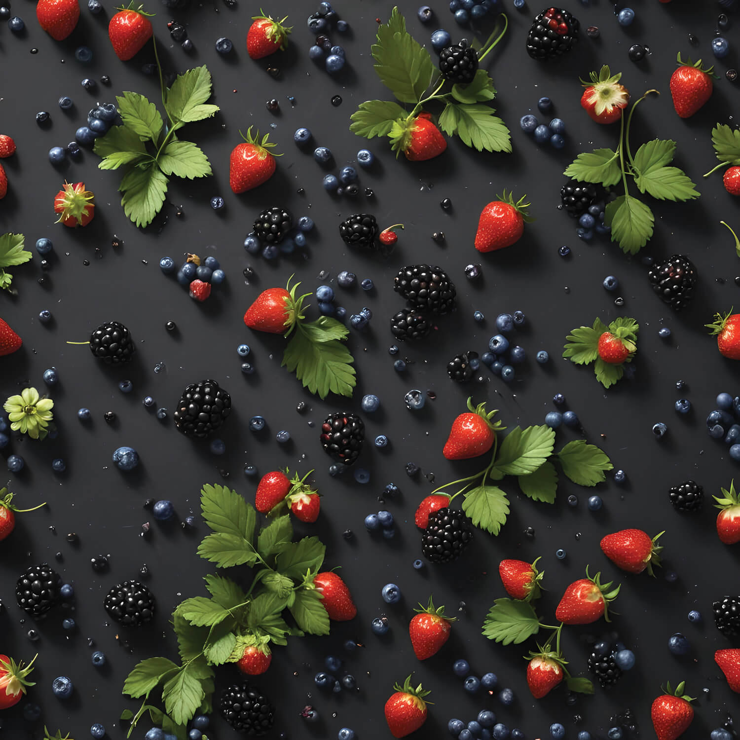 Composição de frutas silvestres frescas espalhadas sobre fundo cinza escuro, incluindo morangos, amoras e mirtilos com folhas verdes, representando a pureza dos insumos utilizados no Trifle da Épacomê.