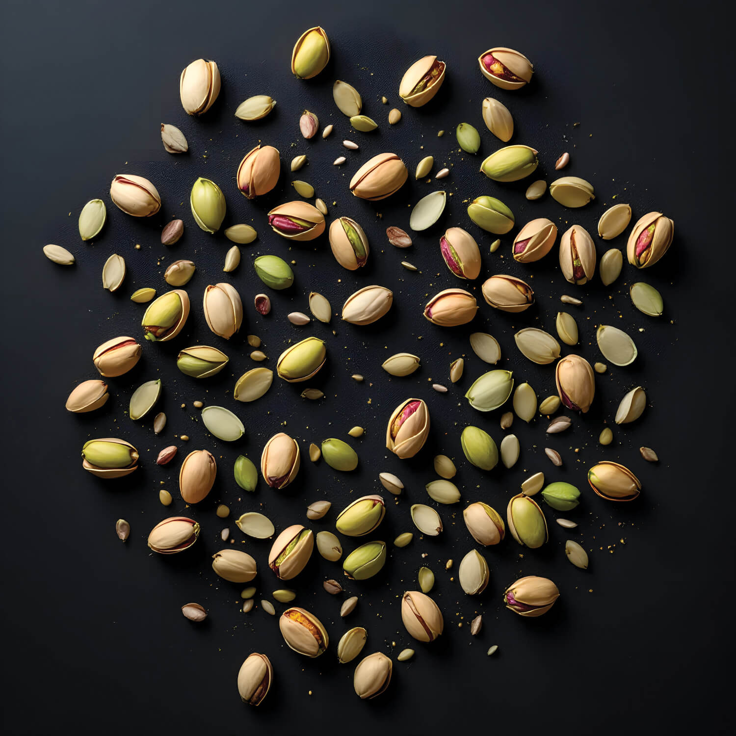 Pistaches inteiros, descascados e sementes sobre fundo escuro, ingrediente base para o Fustuq da Épacomê.