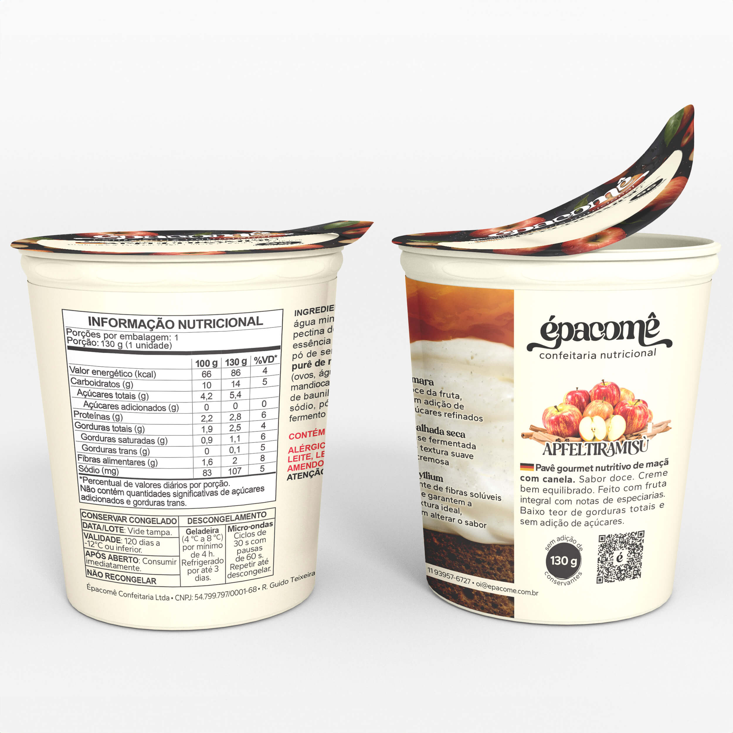 Embalagem de Apfeltiramisù Épacomê: pavê nutritivo alemão de maçã com canela, adoçado com tâmara e base de coalhada. Um pote fechado, um com a tampa entreaberta, mostrando a tabela nutricional de 86 kcal.