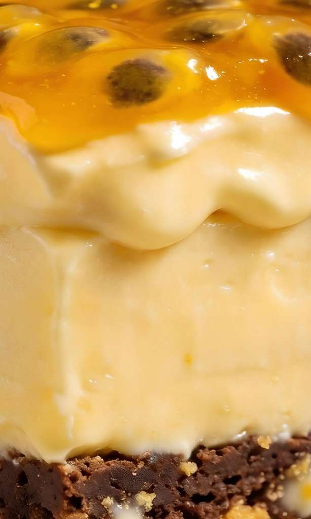 Corte transversal de Pavê de Maracujá Épacomê: camadas de creme denso, geleia de maracujá integral com sementes e base de boloito de chocolate.