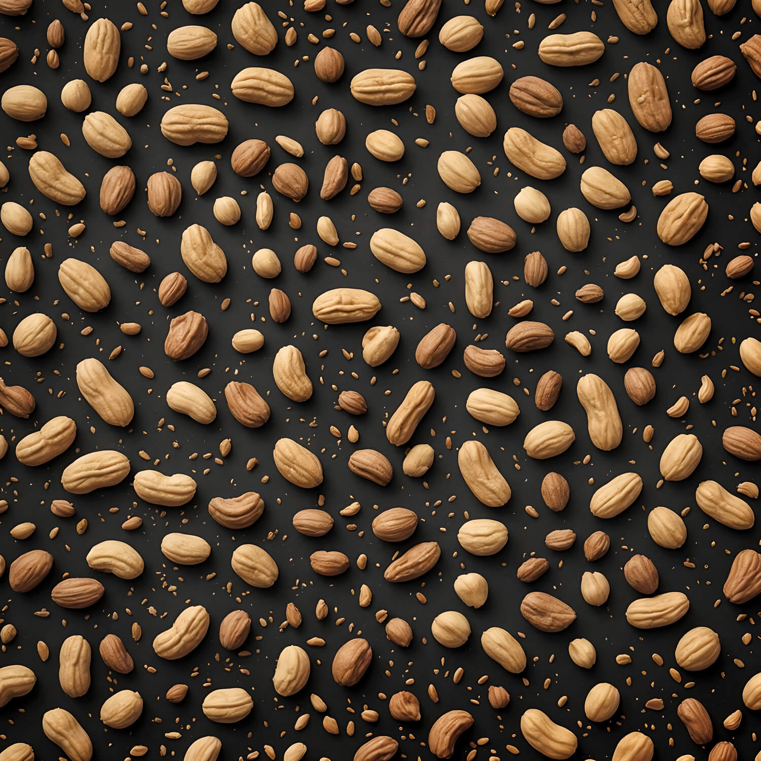 Amendoins inteiros, descascados e sementes torradas sobre fundo escuro, ingrediente base para o Icebox Cake da Épacomê.