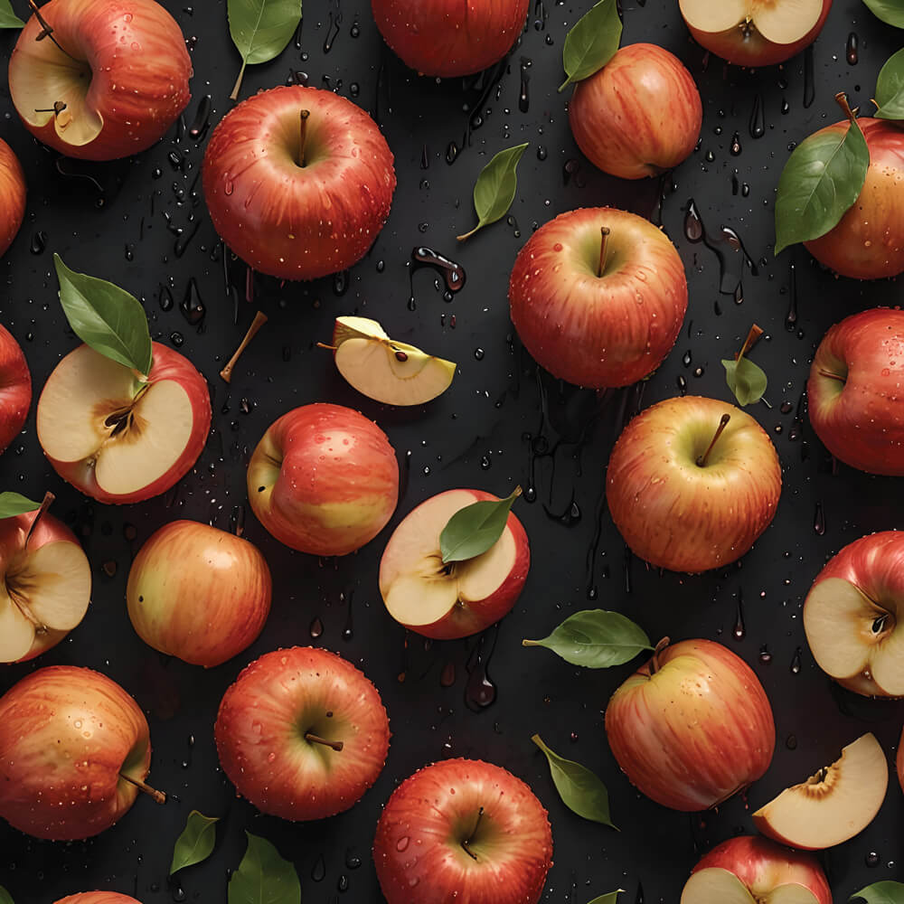 Seleção de maçãs Fuji frescas e cortadas sobre fundo escuro, ingrediente base para a montagem do Apfeltiramisù Épacomê.