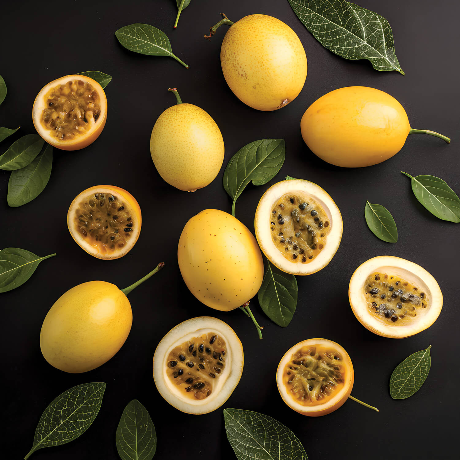 Maracujás inteiros e cortados ao meio com polpa e sementes aparentes sobre fundo preto, cercados por folhas verdes, representando a origem natural dos insumos da Épacomê.