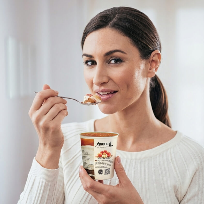 Mulher adulta sorrindo enquanto degusta uma colherada do Apfeltiramisù da Épacomê, segurando a embalagem original do produto. O ambiente é iluminado e clean, reforçando a leveza da sobremesa.